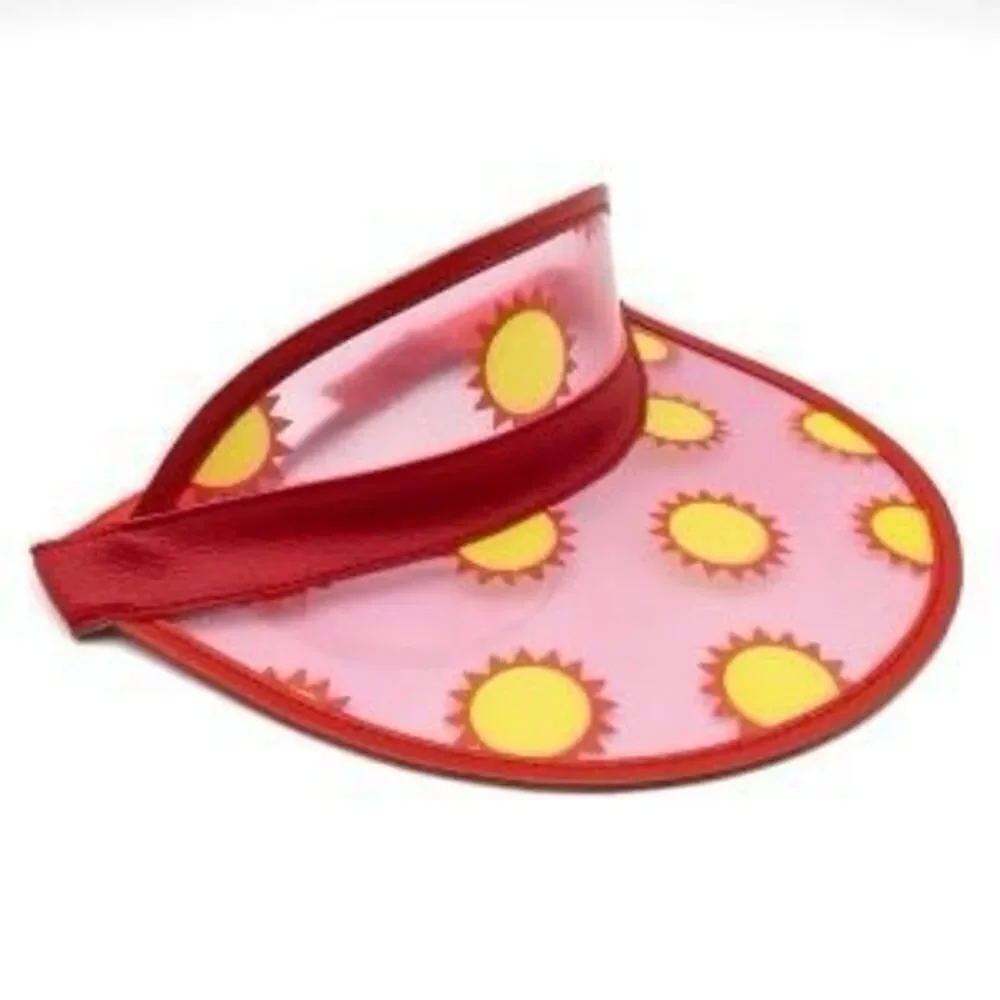 Kids Clear Sun Visor Hat Ages 5–12 – Red Yellow PVC Faux Leather with Sun Print